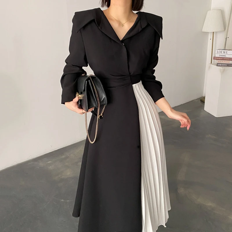 

Женское Плиссированное Платье, Элегантное Длинное Элегантное платье в Корейском стиле с отложным воротником, поясом и контрастной строчко...