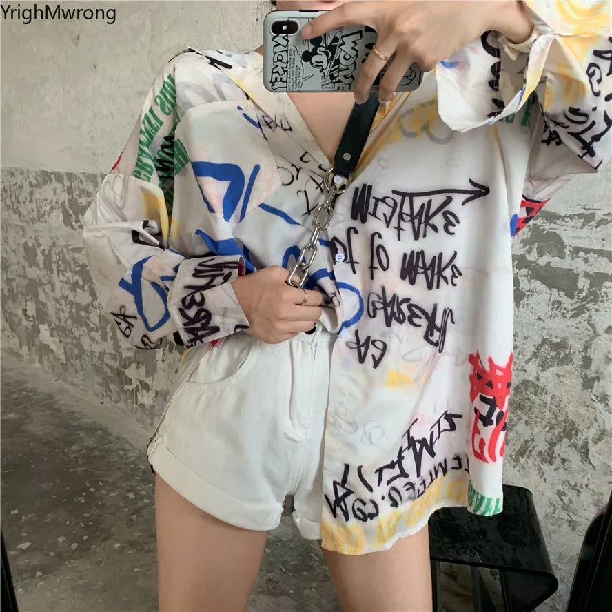 Корейская уличная одежда Харадзюку граффити буквы принт с длинным рукавом