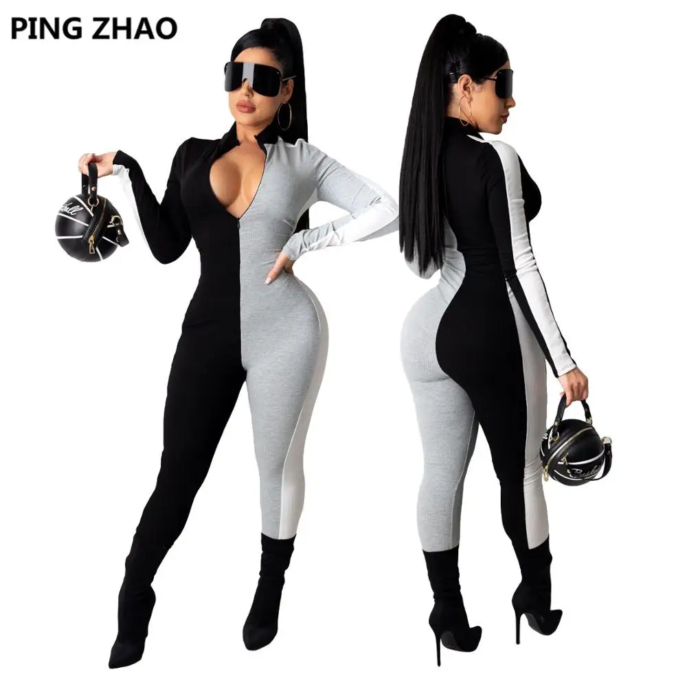 

PING ZHAO Autumn Knit Patchwork Jumpsuit for Women Moto Biker Zipper Up One Piece Overall Bodycon Rompers Outfit