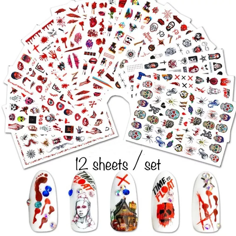 12 листов/Набор наклеек для ногтей на Хэллоуин клейкие наклейки 3D самоклеющиеся |