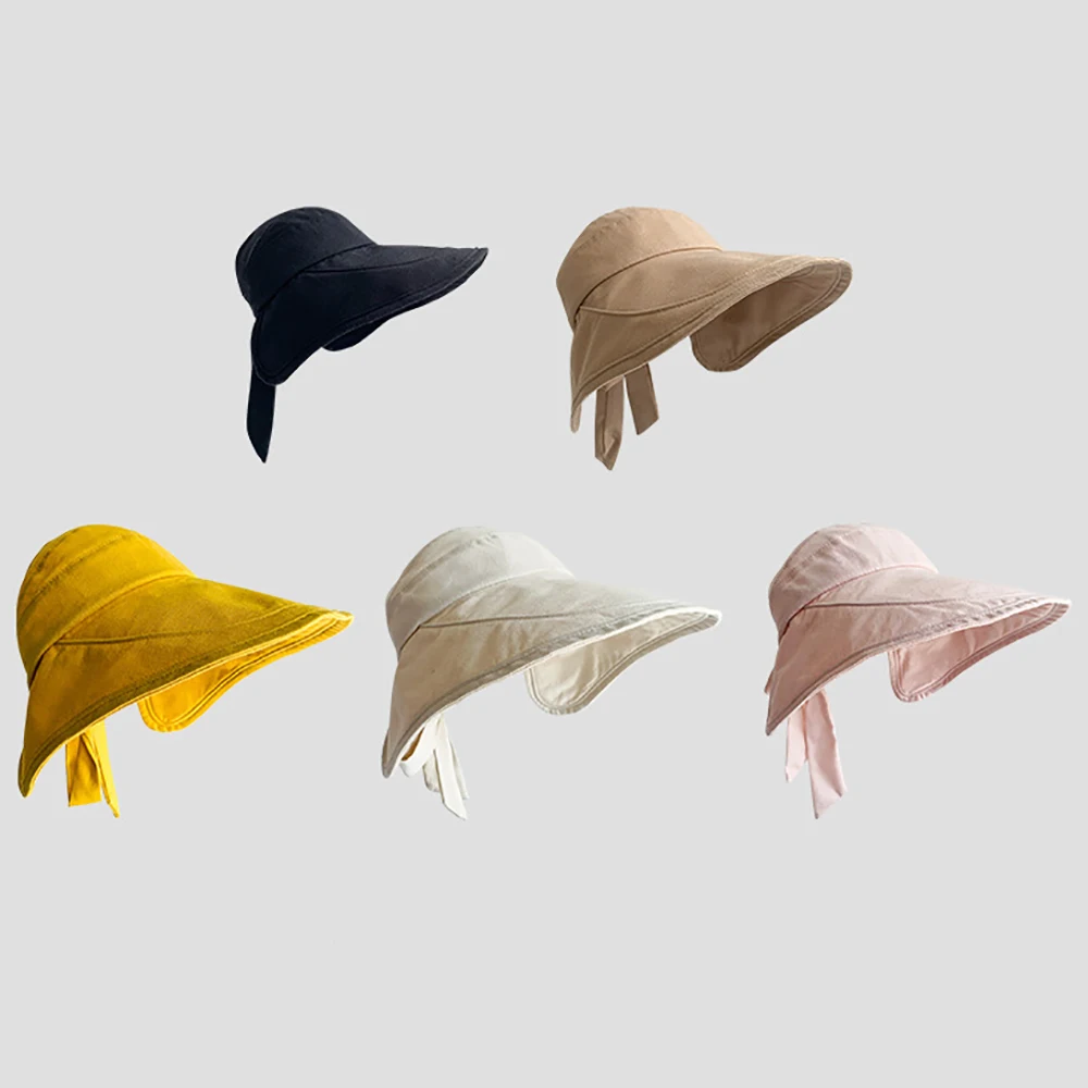 

Summer Sun Hat Women Ponytail Visor Wide Brim Uv Protection Bow Beach Hat Yellow Ladies Bucket hat Foldable Ladies Hats