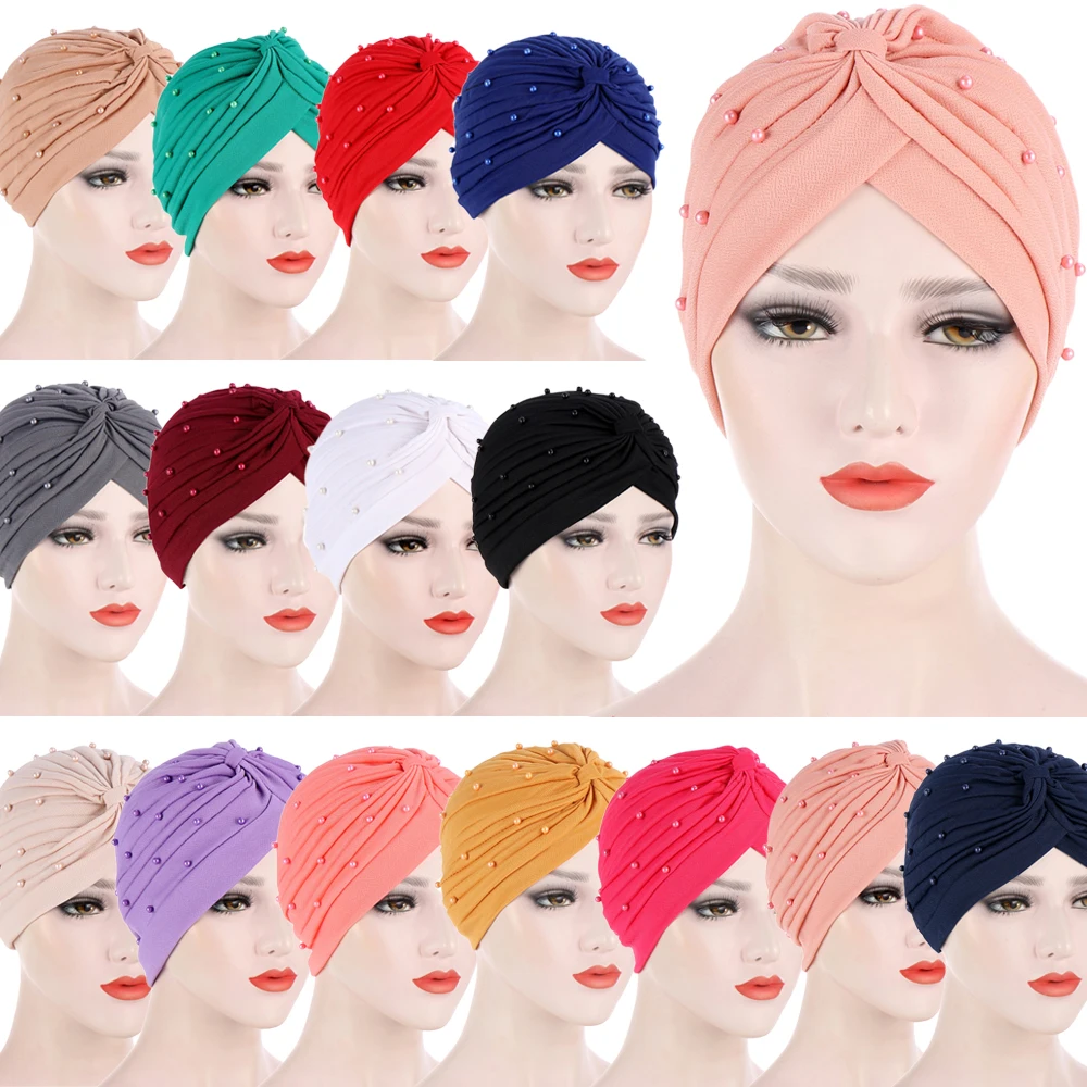 

Indian Turban Beads Chemo Cap Muslim Women Hijab Inner Scarf Cancer Hat Pleated Beanie Bonnet Underscarf Headwear Wrap Islamic