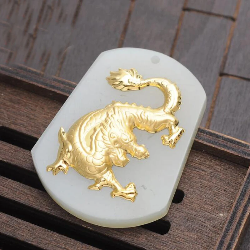 

Чистое 24K желтое золото 100% натуральный класс жадеит резная подвеска с драконом