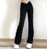 women wide leg pants v shaped waist black micro flared trousers loose slim drape casual long pants