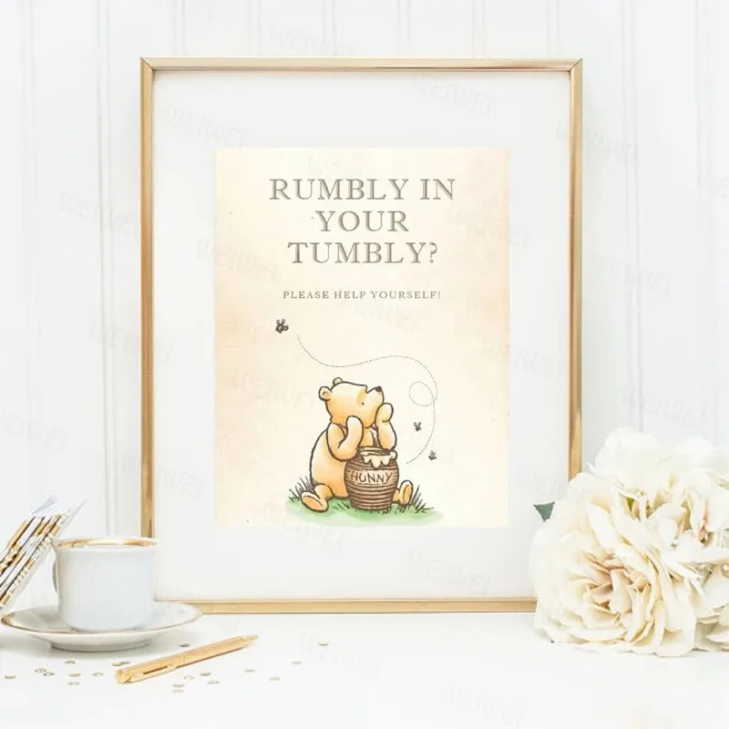 

Classic Pooh Quote Painting Print Rumbly In Your Tumbly Cake Dessert Table Sign Canvas Poster Baby Shower Birthday Party Decor