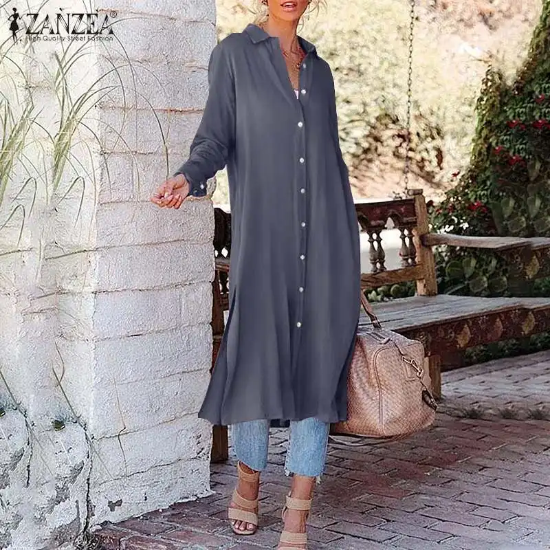 

Maxi Shirt 2021 Women Elegant Long Sleeve OL Blouse ZANZEA Casual Lapel Button Autumn Loose Side Split Chemise Office Work Tops