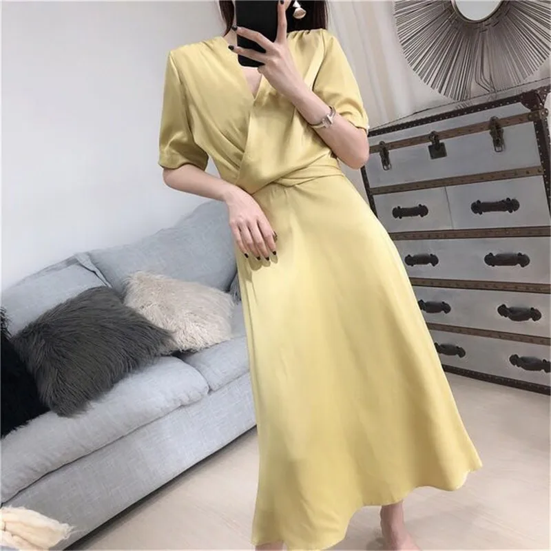 

Temperamental Office Lady Dress Long Dress Party Dress Vestido Korean Fashion Tunic Belted Satin Dress Women Elegant Solid
