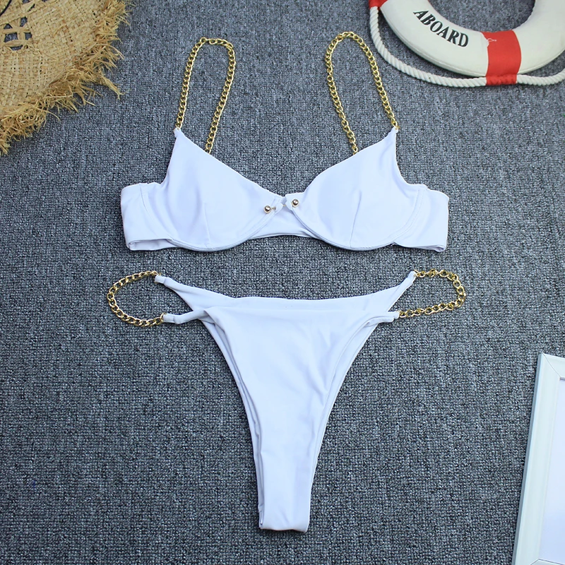 

Tengweng Thong Bikini Set High Cut Swimsuit Women Push Up Metal Chain Solid Swimwear Female Bathing Suit Sexy Brazilian Biquini
