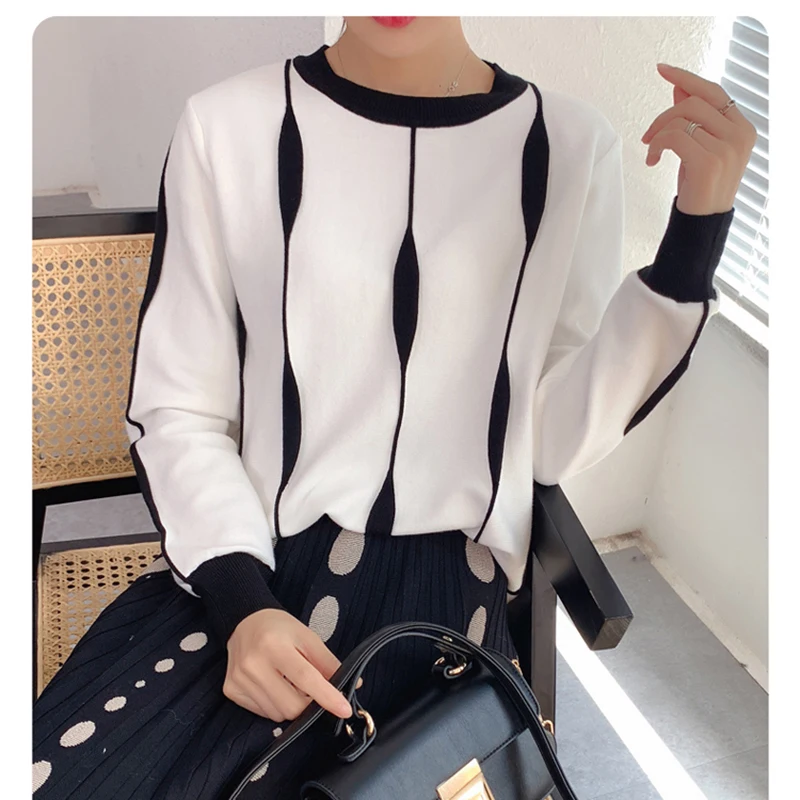 

Женский трикотажный свитер в полоску, Свободный пуловер с длинным рукавом и круглым вырезом, весна 2021