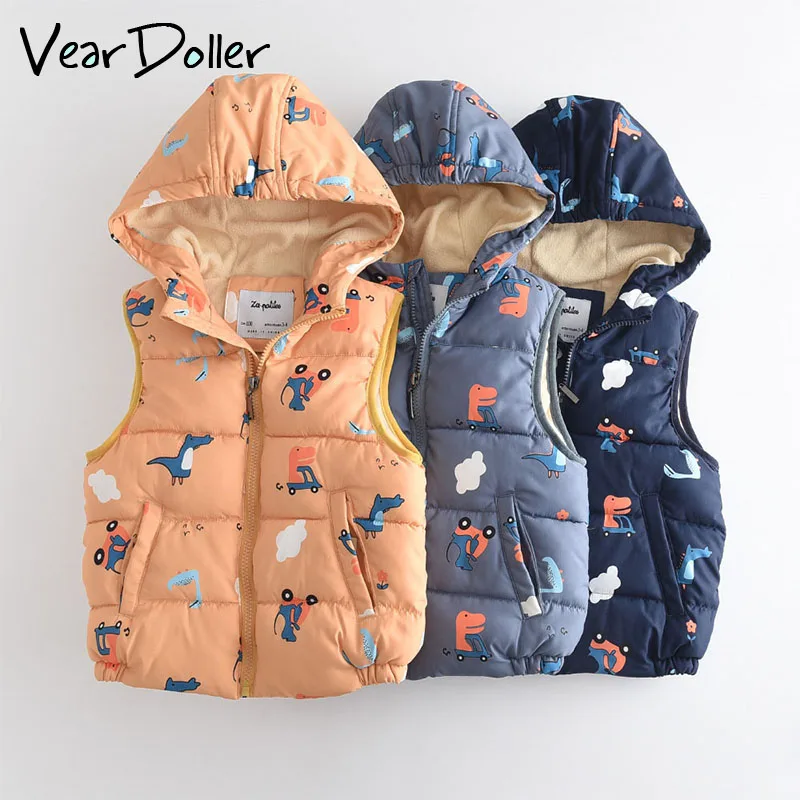 

Детский жилет VearDoller, зимний теплый жилет для мальчиков, плотный плюшевый жилет с мультипликационным принтом динозавра, Детский жилет без ру...