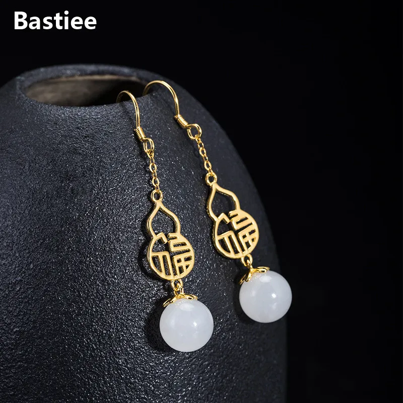 

Bastiee Drop Plated Gold Earrings 925 Sterling Silver Jewelry For Women Accessories Gourd Jade Dangle Earings Vintage Chinese