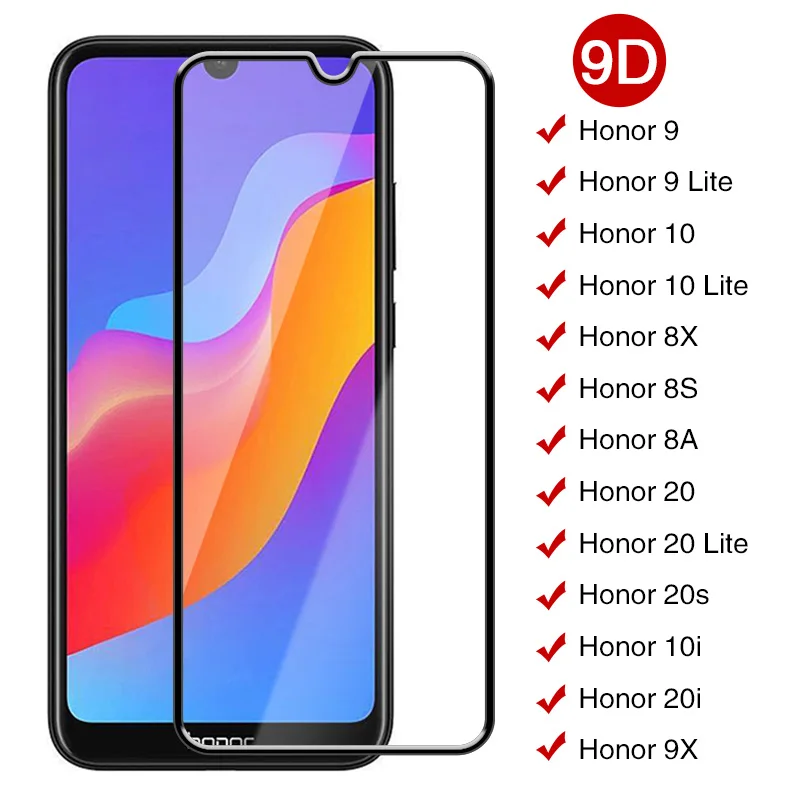 Закаленное стекло 9D для Huawei Honor 9 10 20 Lite 10i 20i 20s Защитное экрана 9X 8X 8S 8A|Защитные