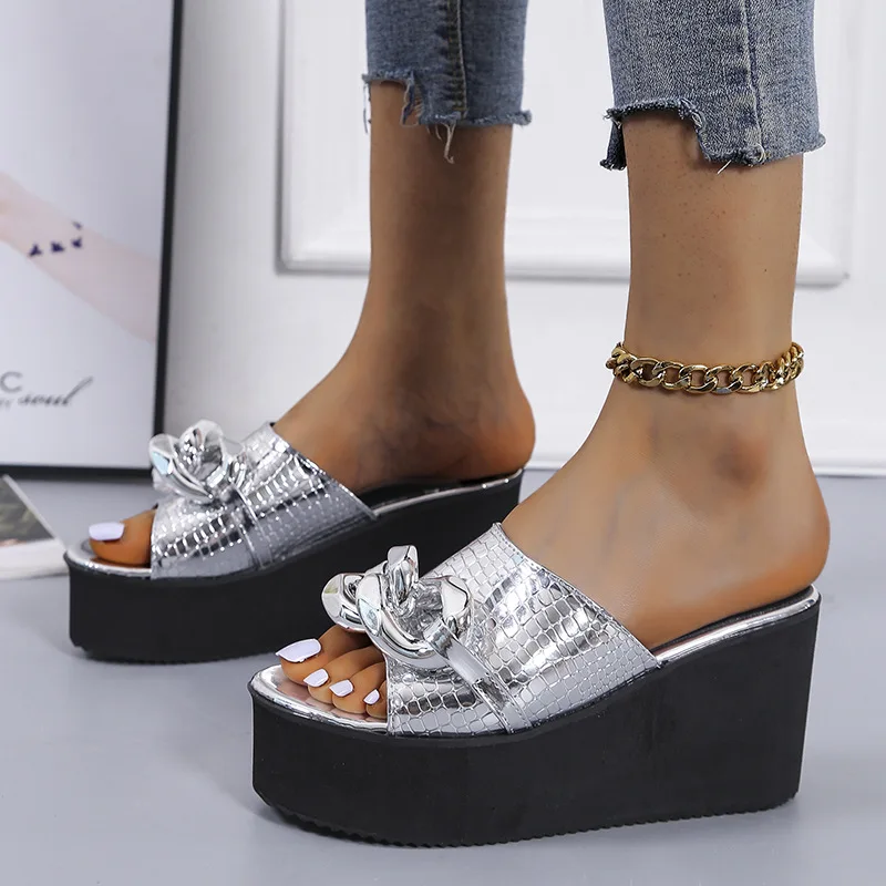 

Large Size Slippers for Women's Outer Wear 2021 New Wedge Heel Square Toe Metal Chain-shaped Fish Mouth Sandals Women's Shoes