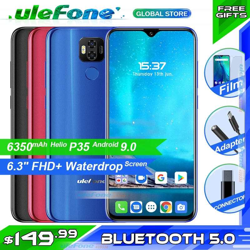 Ulefone power 6 6350 мАч Android 9,0 Helio P35 Восьмиядерный мобильный телефон 4 ГБ ОЗУ 64 Гб ПЗУ 6,3 ''Face ID NFC 4G поддержка американского диапазона
