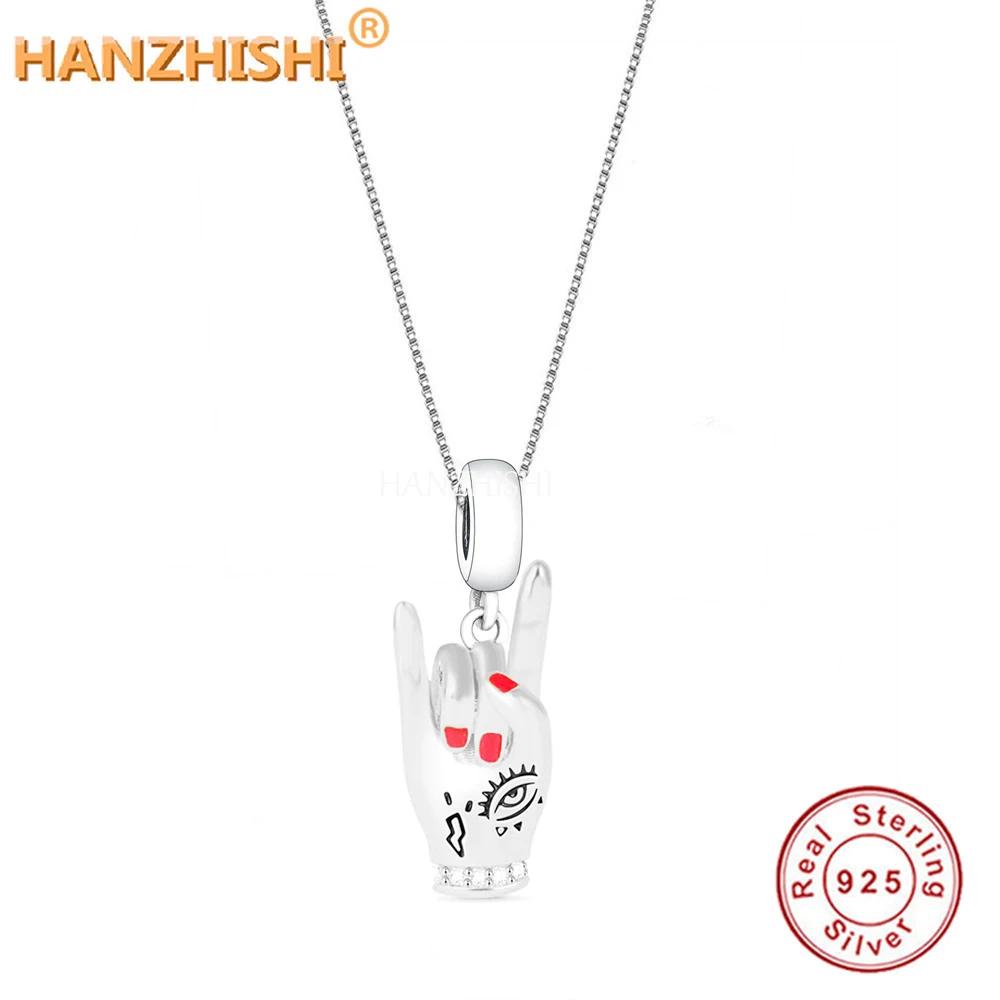 

Personality Hand Necklace 925 Sterling Silver Victory Gesture Pendant Box Chain Necklace Fine Jewellery Gift for Women Men Child