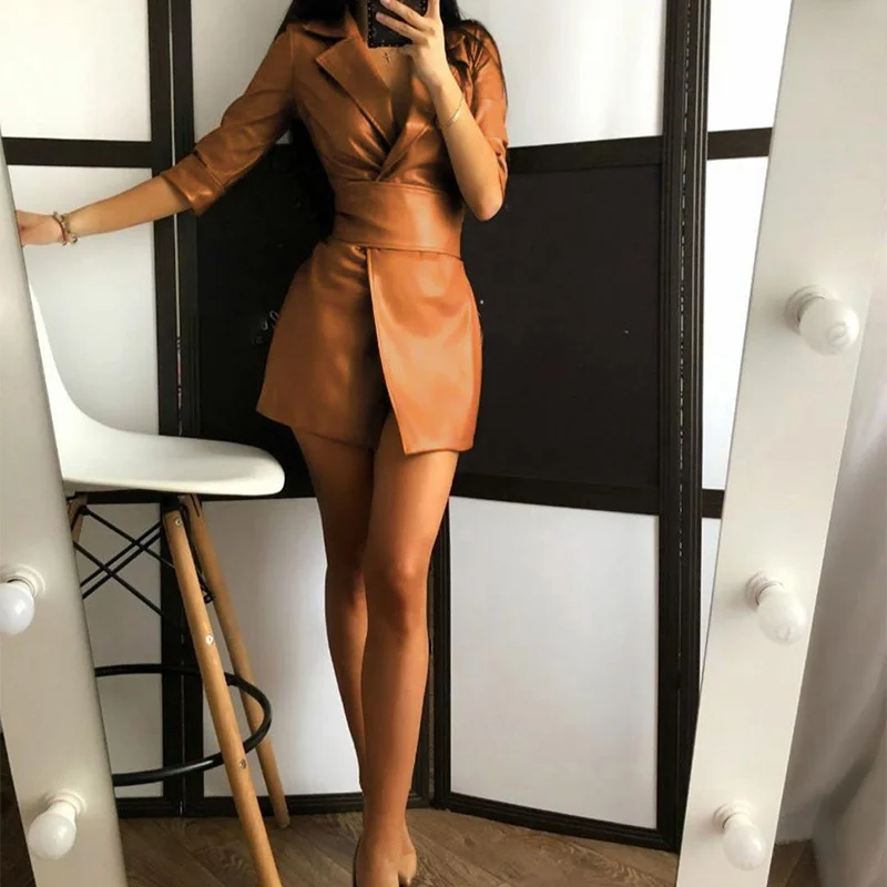 Faux PU Leather Bandage Women Dress Ladies Jacket Short Dress  Belt Streetwear Female Solid Color Leather Suit Collar Sexy Dress