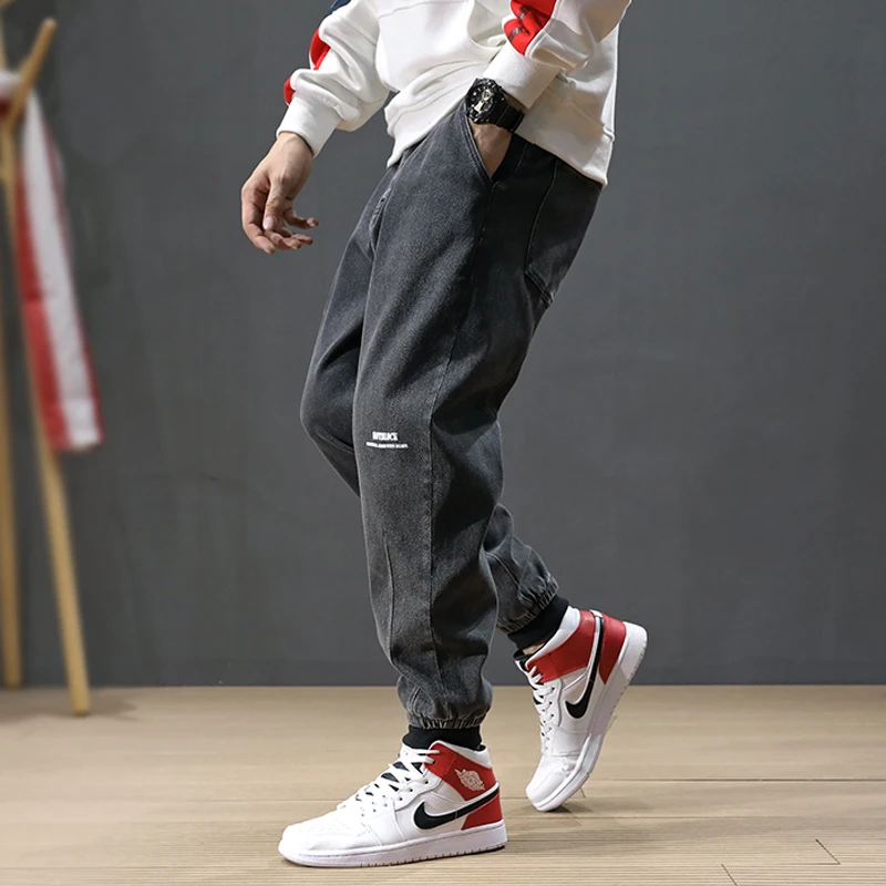 Модные мужские джинсы в японском стиле серого цвета свободные брюки карго