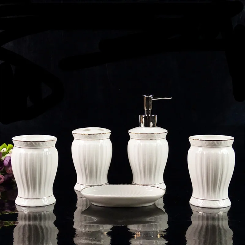 

WSHYUFEI Fashion white ceramic bathroom accessories 5 pcs / set hotel Household soap dispenser Toothbrush holder Washing set