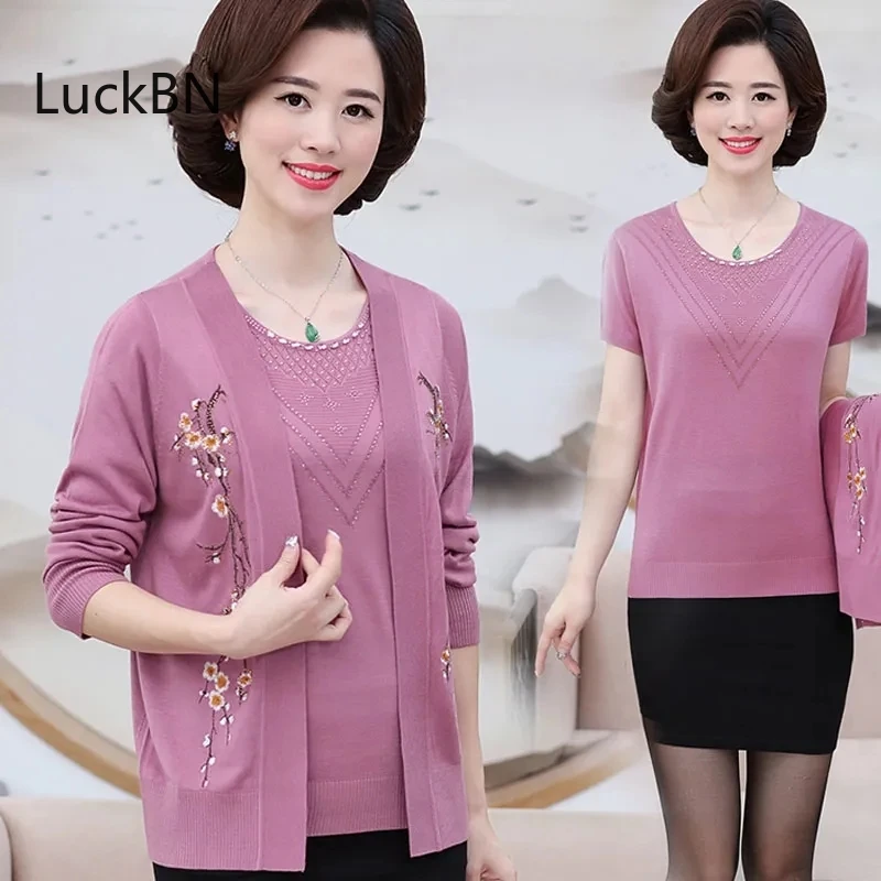 

2021 New Middle-aged Women's Purple Sweater Mother Spring Autumn Knit Sweater Cardigan Jacket Elderly Oversized Two-piece Set