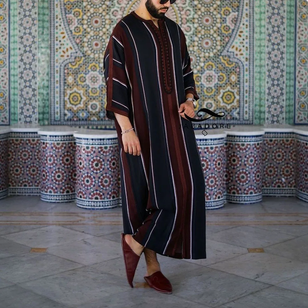 Muslim New Popular Men'S Loose Tube Striped Long-Sleeved Robe Ethnic Style Middle Eastern Pakistani Clothes Robes Jl002