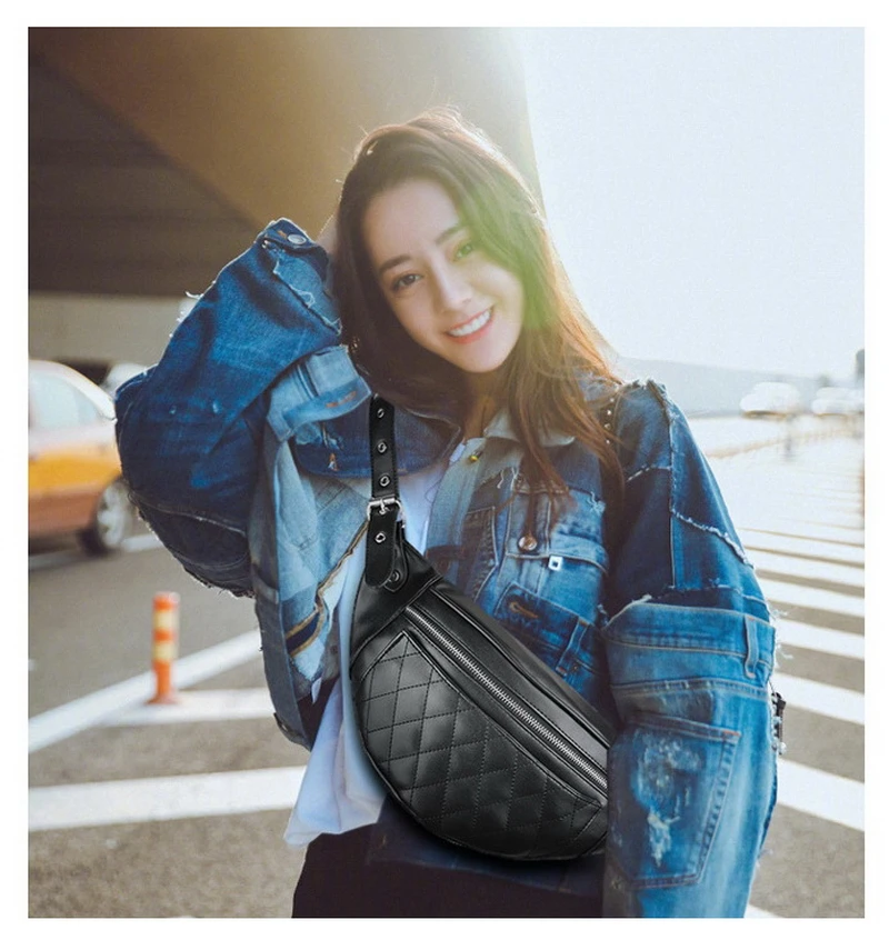 Ansloth Classic Thread Waist Bag For Women Zipper Fanny Pack Lady PU Leather Belt Bag Female Banana Bag Simple Waist Bag HPS569