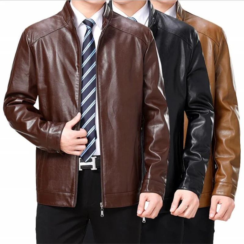 Spring autumn new leather jacket men's coats stand collar thickened middle-aged clothes casual dad outfit manteau homme brown