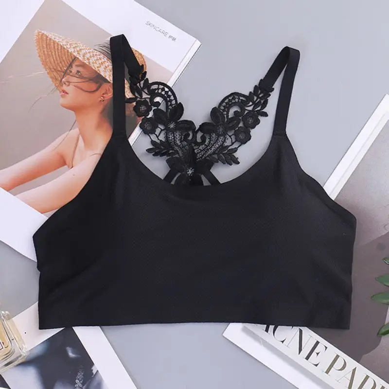 

Sexy Ice Silk Seamless Bow Beauty Strap Bra Floral Decor Padded Bra Solid Color Wire Free Women's Underwear