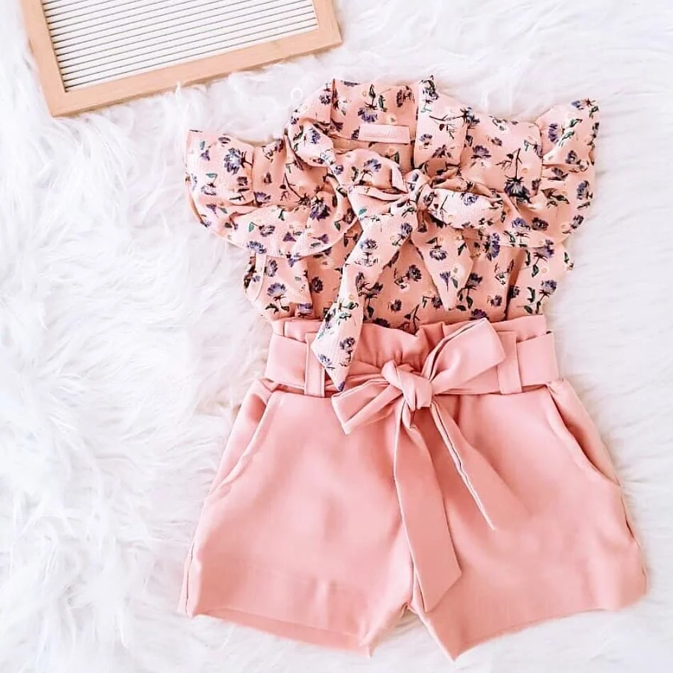 

1-6Y Fashion Baby Clothing Sets Kids Girls Floral Print Shirt Tops Bow Shorts Suit Summer Children Clothes Set