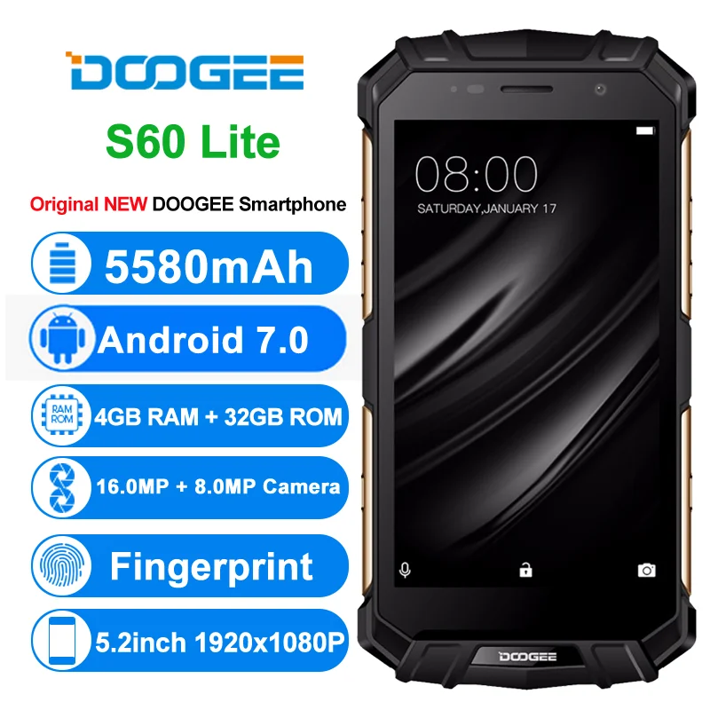 

Global Version DOOGEE S60 LITE Rugged Phone IP68 Waterpoof Dustproof Wireless Mobile Phone 5580mAh 4GB 32GB NFC MTK6750T Chip