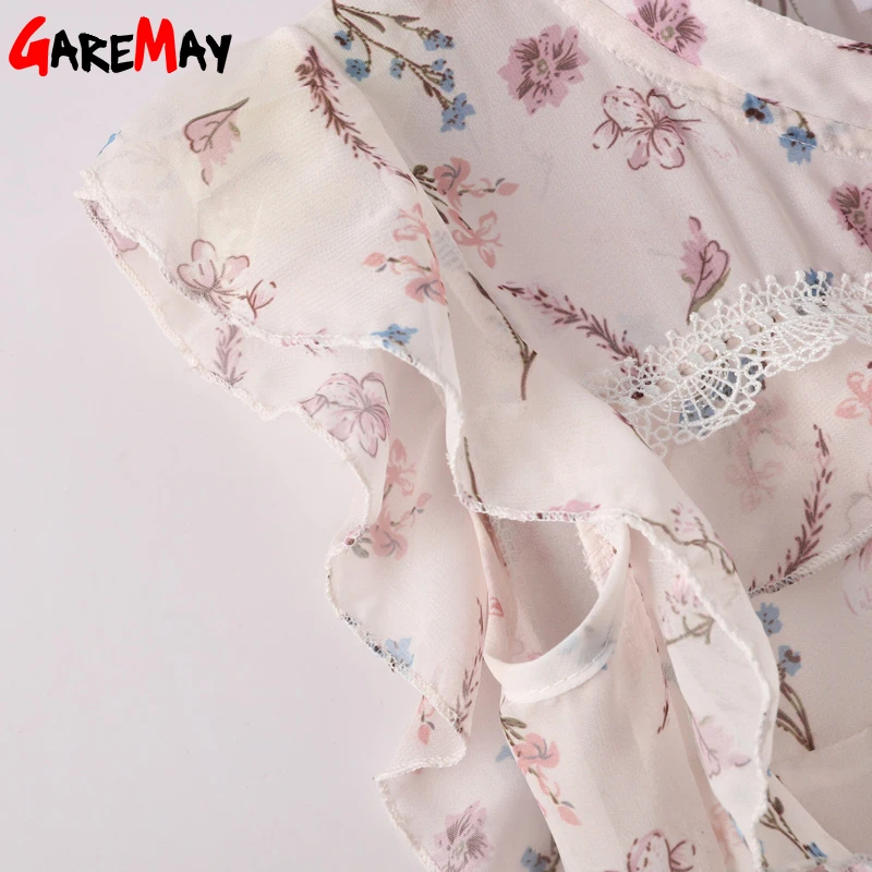 Блузка женская с оборками шифоновая Свободная рубашка без рукавов цветочным