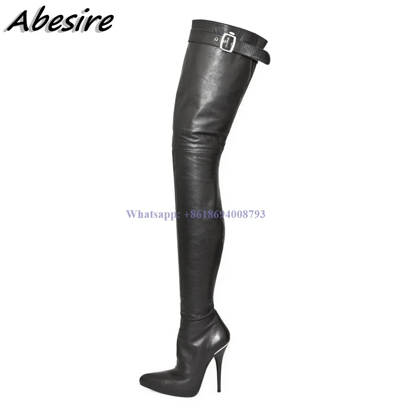 New Long Thigh High Black Boots Buckle Side Zipper Over The Knee High Heel Pointed Toe Women Boots Big Size Shoes botas de mujer