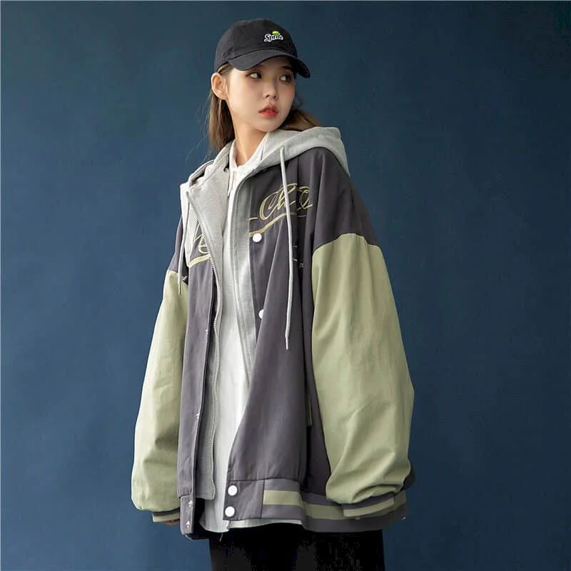 

Baseball uniform jacket punk women Hip Hop 2021 spring autumn Korean college style hooded fake two-piece coat vitality girl Top
