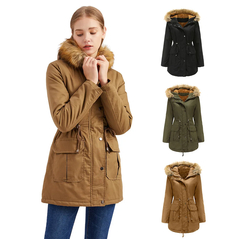 

Новое бархатное пальто с хлопковой подкладкой европейского размера, зимнее теплое пальто с капюшоном и меховым воротником, Женская куртка ...