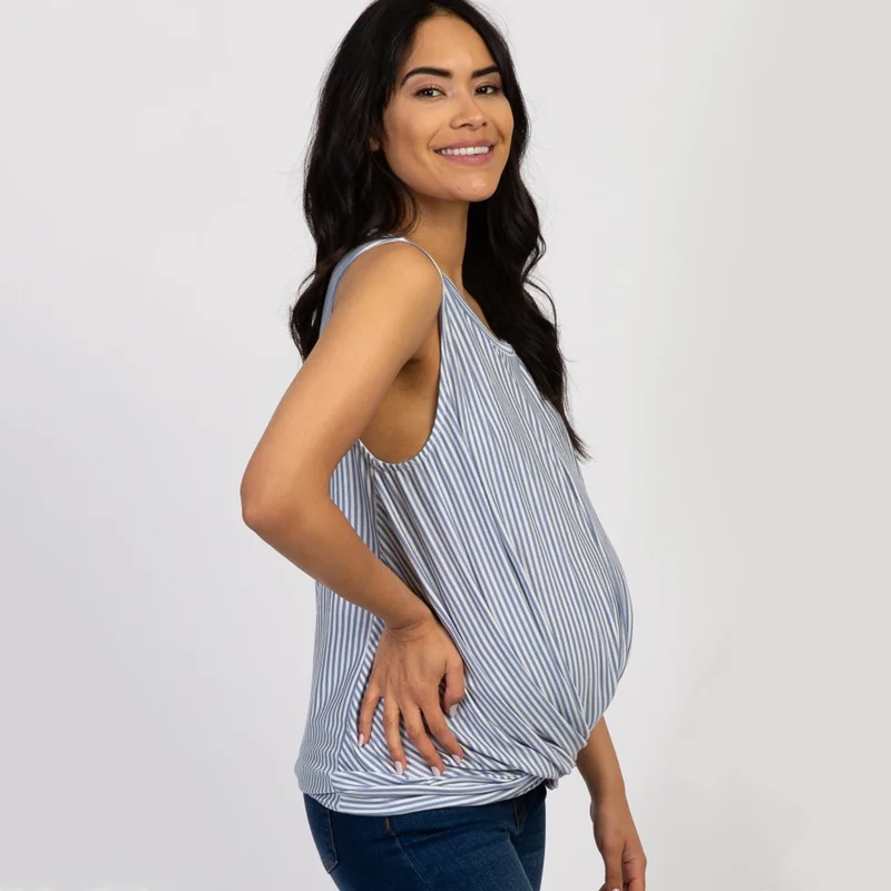 

Summer Pregnancy T Shirt Maternity Clothes Sleeveless Casual Stripes Folds T Shirt Maternity Tops For Pregnant Woman Plus Size