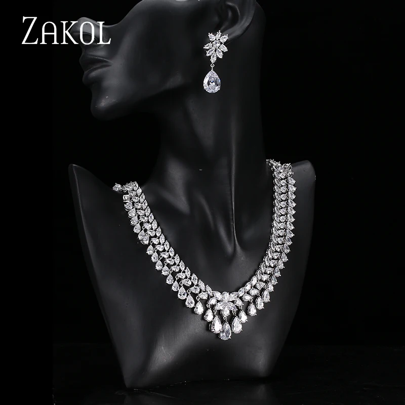 ZAKOL женские элегантные и роскошные серьги в форме капли воды CZ циркония ожерелье свадебный комплект ювелирных изделий FSSP110