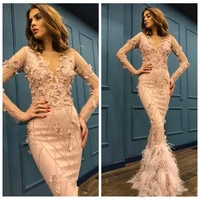 sheer long sleeves floral adorned arabic mermaid prom dresses beaded 2020 feather adorned evening party gowns formal vestidos