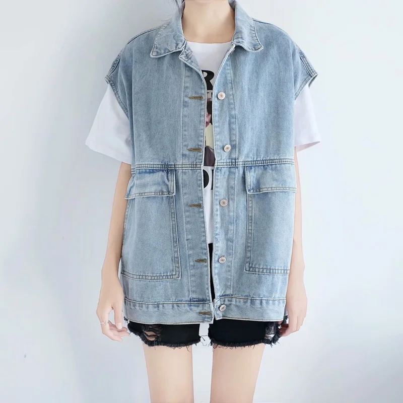 

2019 Cowboy Vest Female Spring Autumn Loose 2019 Women Vest Korean Wild Bf Harajuku Wind Tooling Sleeveless Vest Jacket DD2374