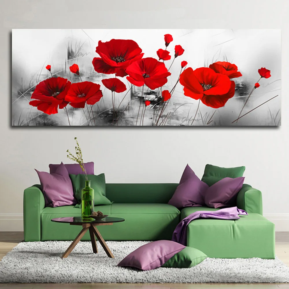 

Картина на холсте с красным маком, розой, 20 х60 см
