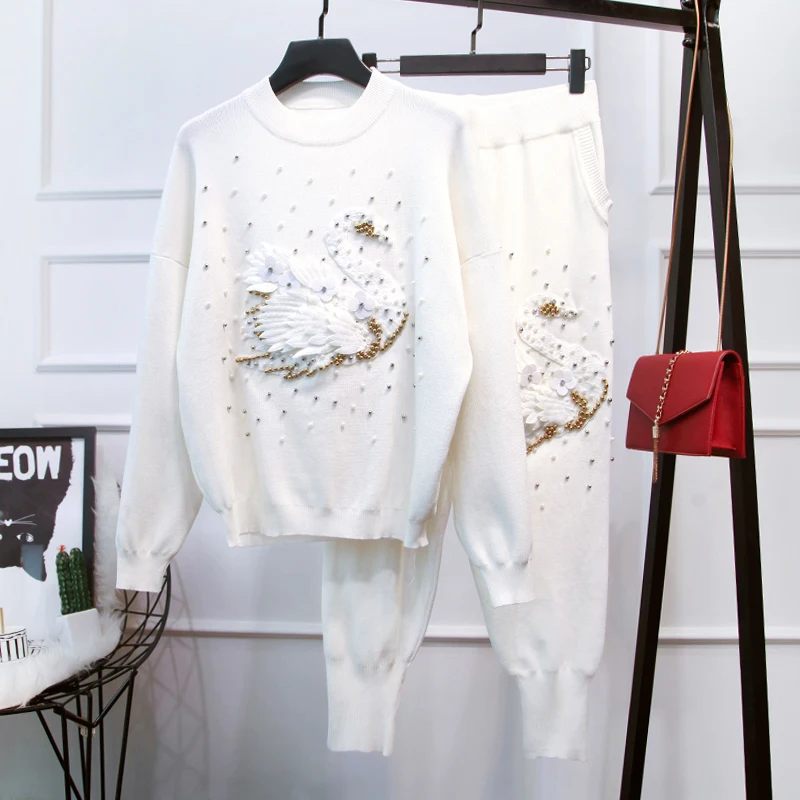 

New Stylish 2020 Runway Suit Set Women's Goose Beaded Pullover Sweater Casual Knitting Pants Set