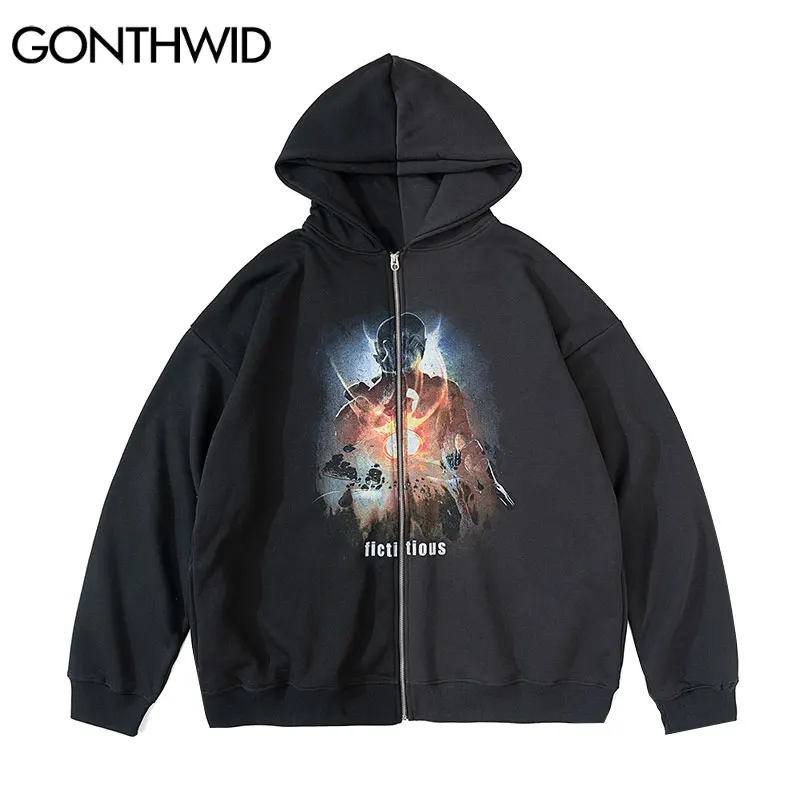 

GONTHWID Hip Hop Gothic Zip Up Sweatshirts Jacket Streetwear Y2K Graphic Print Punk Zipper Hooded Hoodie Coat 2021 Mens Black