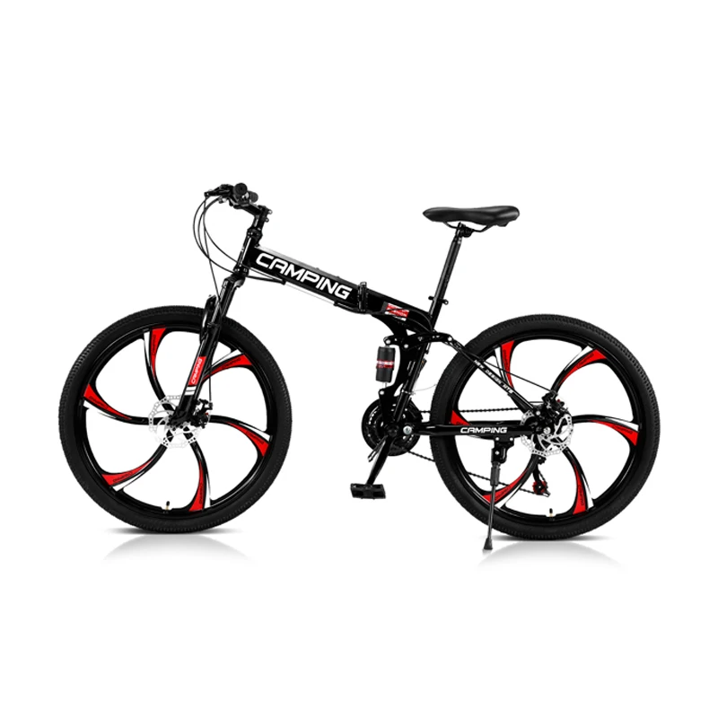 26 Inches Six-Wheel 21 Speeds Bicycle Mountain Bike Road Bike Foldable Cycling Suspension Bicycle Double Disc Brake Black