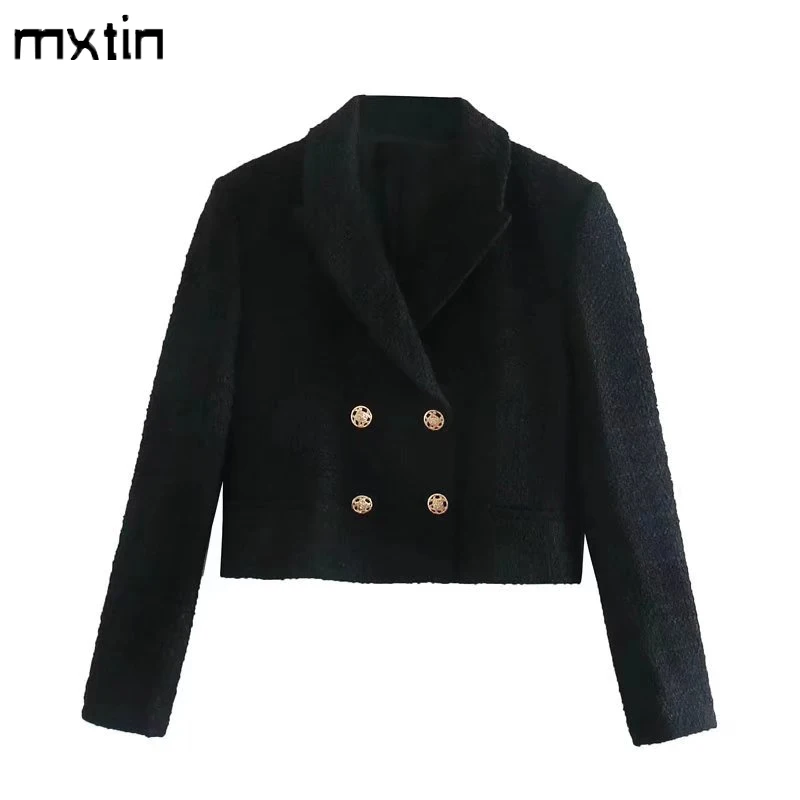 

2021 Women Autumn Vintage Black Tweed Double Breasted Short Jacket Coat Fashion Lapel Collar Long Sleeve Office Lady Casual Tops