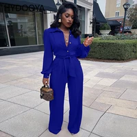 elegant woman jumpsuits solid lapel neck lantern sleeve loose wide leg jumpsuits fashion rompers one piece overalls spring 2022