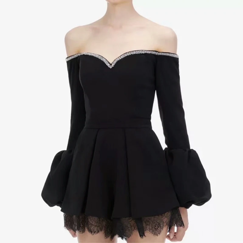 Женский комбинезон с открытыми плечами кружевной ромбик вырезом лодочкой и