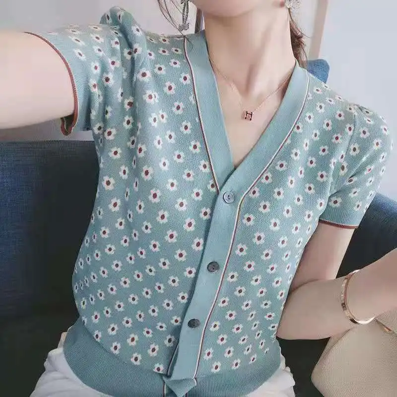 

French Cardigan Fresh Color Contrast Printing 2021 Spring And Summer New Retro Knitting Thin Short Sleeve Fashion Versatile
