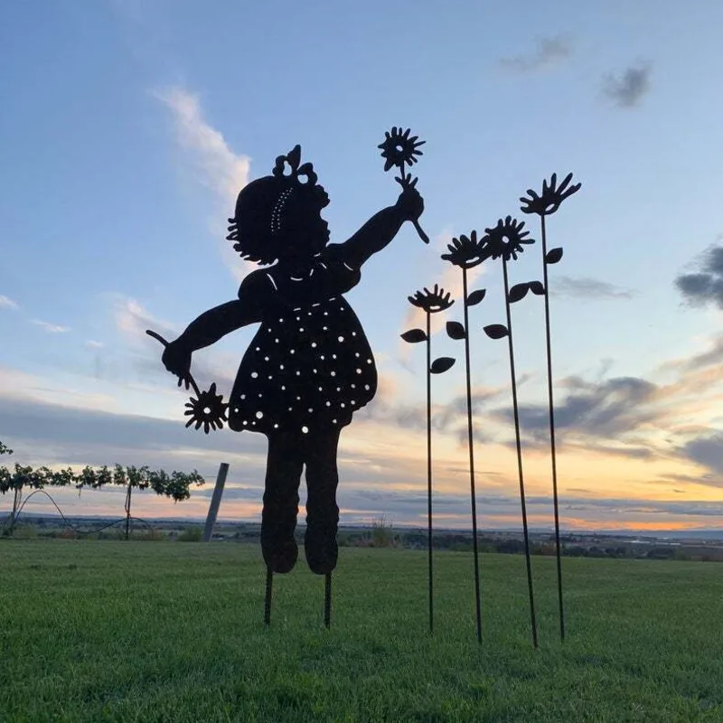 Figura de Metal para decoraci&oacute;n de jard&iacute;n, escultura de silueta de hierro de chica girasol, adornos de plantas en macetas, decoraci&oacute;n de jard&iacute;n-0