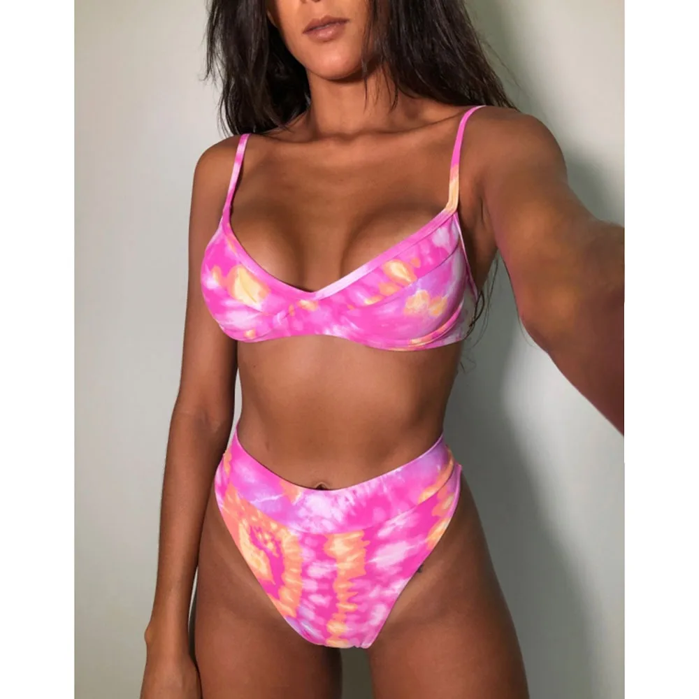 Купальник бикини с высокой талией флуоресцентный раздельный купальник чашками