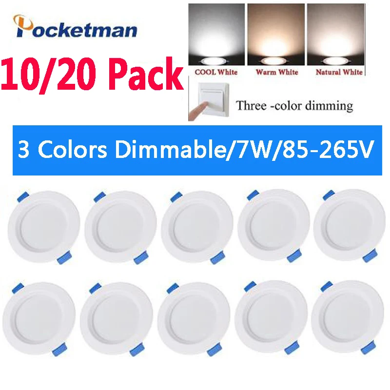 

20pcs 220V 7W 3 Color Dimmable Round Led Recessed Ceiling Panel Light Led Down Light Downlight Fixture Lamp Ceiling Lamp