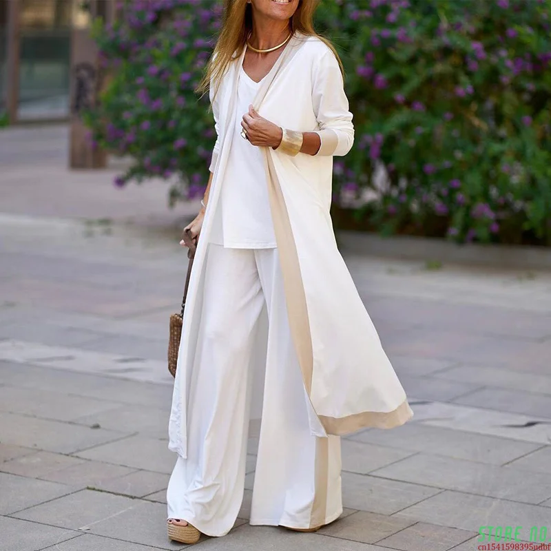 

Elegant Long Cardigan + Sling Tops + Wide Leg Pants Suit Women Fashion Three-Piece Set Autumn Lady Casual Loose Outfits