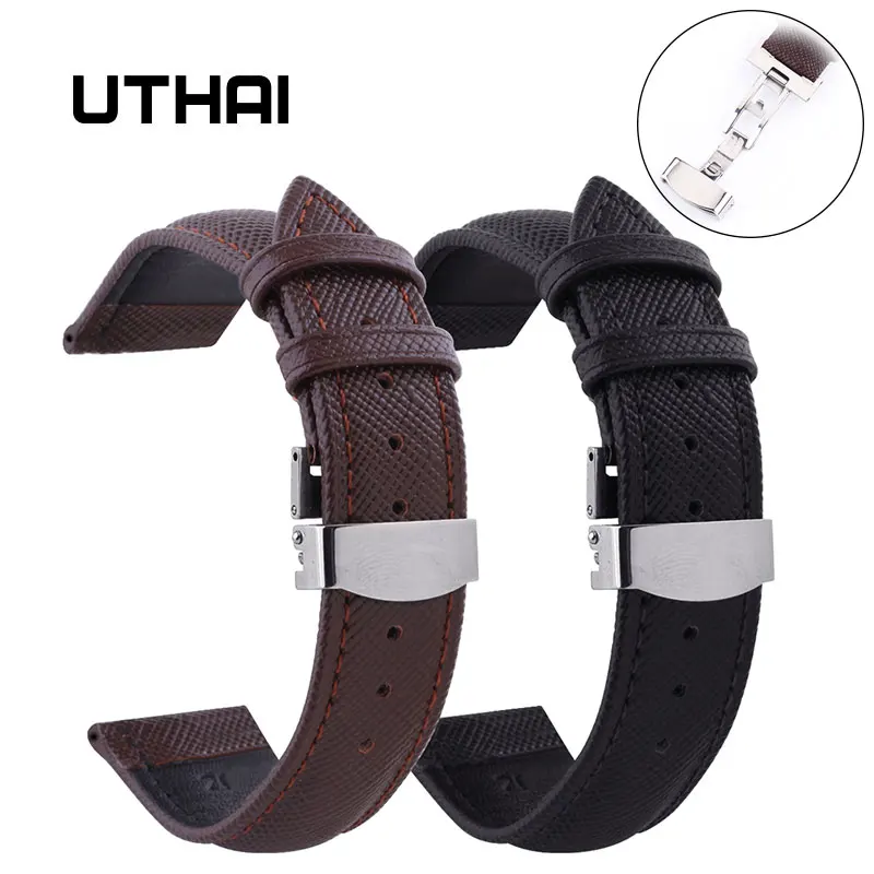 UTHAI B02 часы черные Ремешки для наручных часов кожаный ремешок 18 мм 20 22 складная